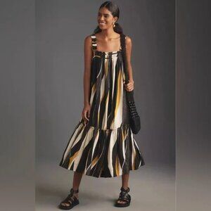 Anthropologie square-neck waistless black yellow midi dress size Medium